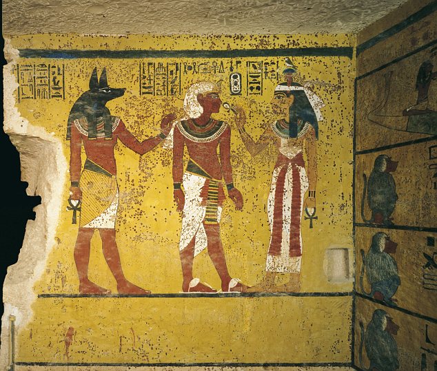 Wall painting of Tutankhamun flanked by Anubis and Hathor